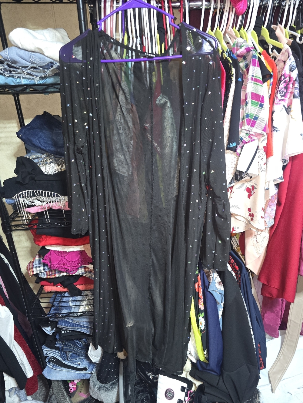 NWOT DEADSTOCK TORRID Black Mesh & Iridescent Star Bell Sleeve Longline Kimono - Picture 7 of 9